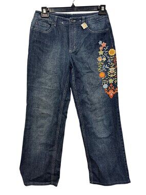 Talbots Petite Stretch Denim Jeans With Floral Embroidery - Blue - Inseam 27" -